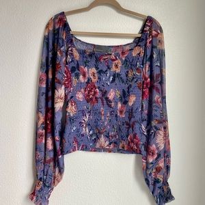 Anthropologie purple and pink floral blouse.